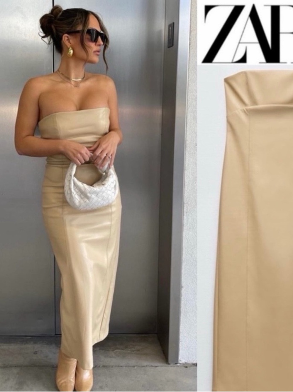 ZARA Blogger Favorite Faux Leather Strapless Midi Dress Beige size XS